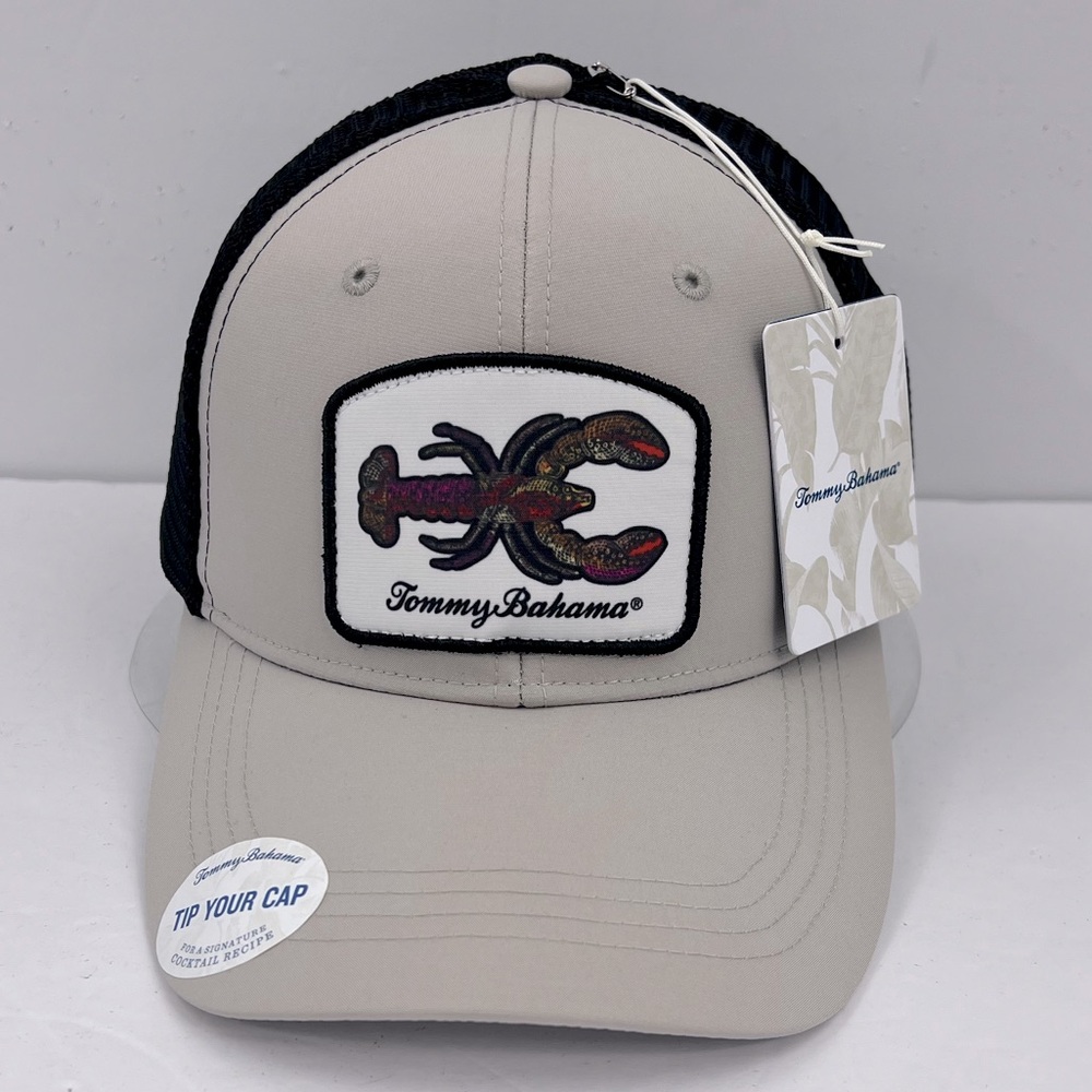 TOMMY BAHAMA CAP/HAT, LOBSTER LOGO, BLACK COOL MESH,ADJUT STRAP, COCKTAIL RECIPE